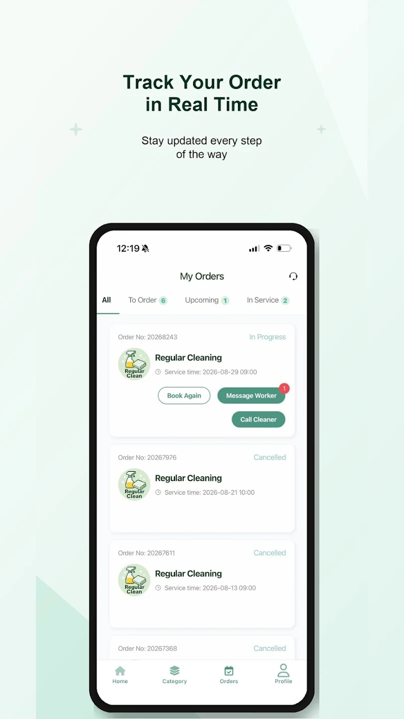 MintHome 我的订单页面，包含订单状态、联系服务人员和再次预约入口